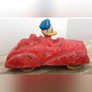 Vintage 1930's WALT DISNEY'S DONALD DUCK & PLUTO • Red Car Toy SUN RUBBER CO.